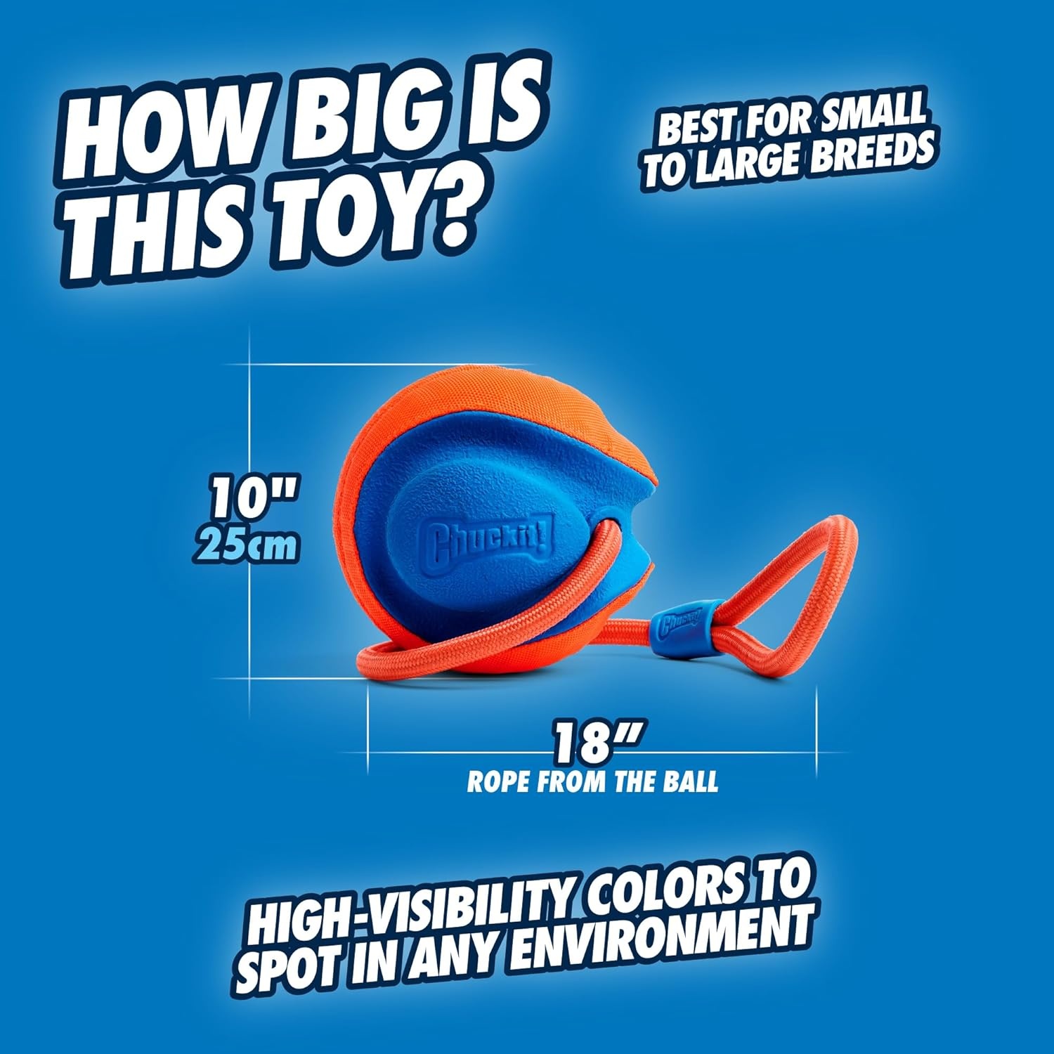 image:imageChuckit Rope Fetch Dog Toy Ball on Rope Fetch and TugofWar Toy for Dogs Durable EVA Rubber Construction 55inch Diameter 18inch Rpe Orange and BlueOne Size