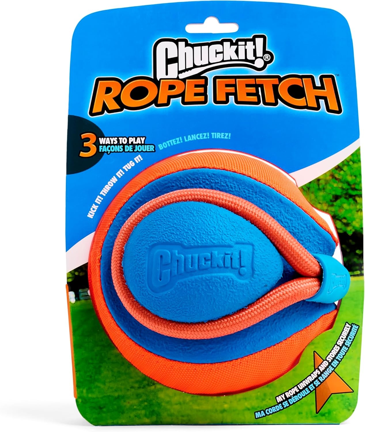 image:imageChuckit Rope Fetch Dog Toy Ball on Rope Fetch and TugofWar Toy for Dogs Durable EVA Rubber Construction 55inch Diameter 18inch Rpe Orange and BlueOne Size