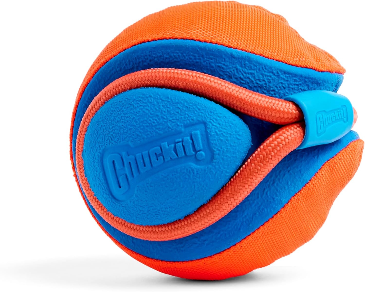 image:imageChuckit Rope Fetch Dog Toy Ball on Rope Fetch and TugofWar Toy for Dogs Durable EVA Rubber Construction 55inch Diameter 18inch Rpe Orange and BlueOne Size