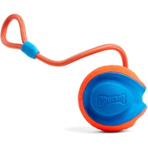 image:imageChuckit Rope Fetch Dog Toy  Ball on Rope Fetch and TugofWar Toy for Dogs  Durable EVA Rubber Construction  55inch Diameter  18inch Rpe  Orange and BlueOne Size