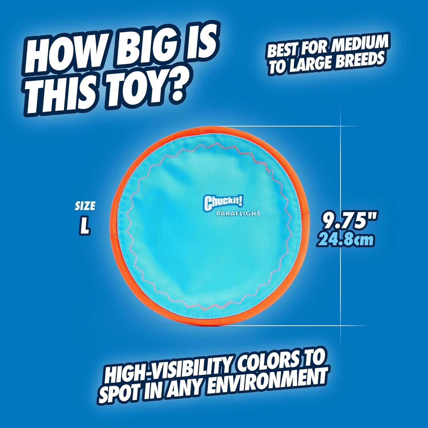 image:imageChuckit Max Glow Paraflight Flying Disc Dog Toy Water Floating Flyer Durable Nylon Construction with Soft Rubber Edges For Medium and Large Dogs Size Large 975 L x 975 W Pack of 1BlueOrange
