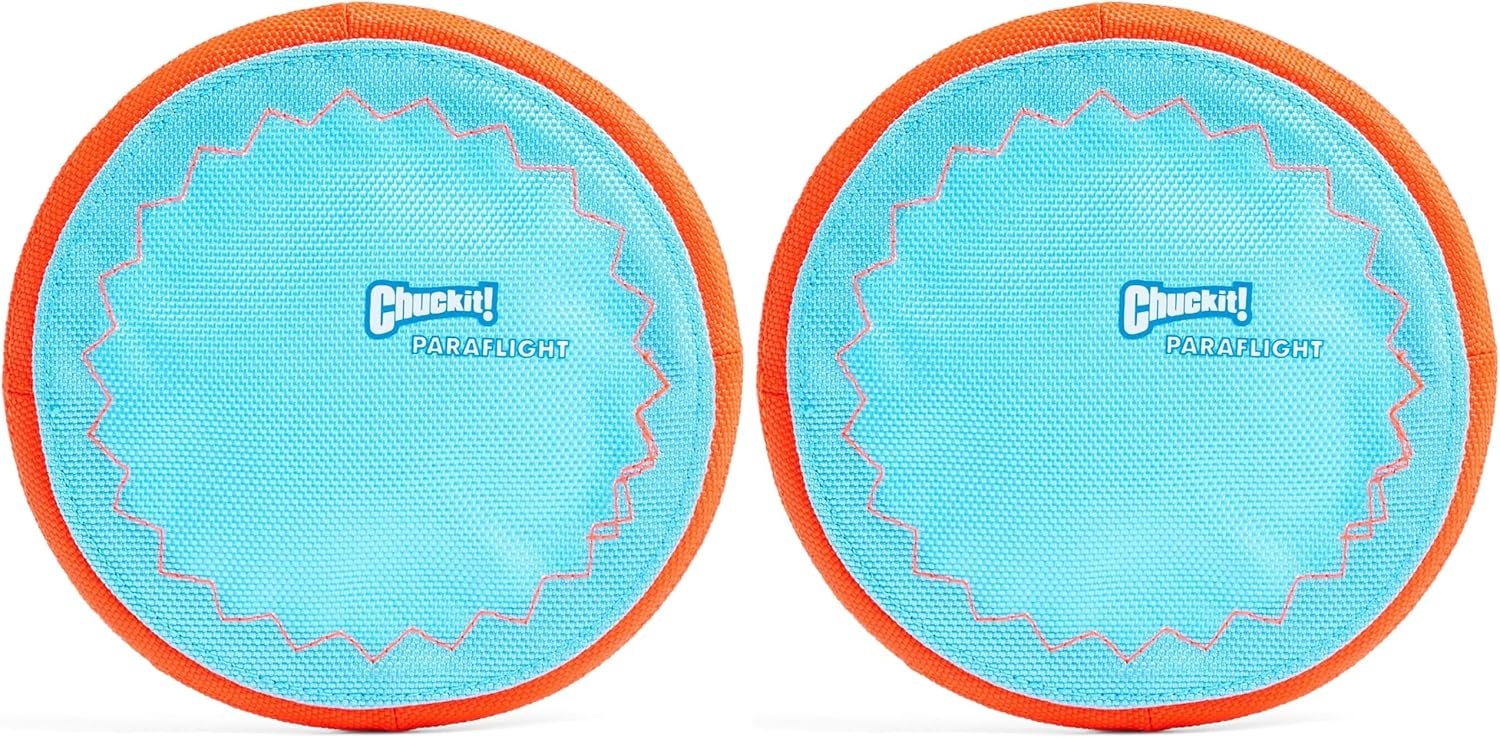 image:imageChuckit Max Glow Paraflight Flying Disc Dog Toy Water Floating Flyer Durable Nylon Construction with Soft Rubber Edges For Medium and Large Dogs Size Large 975 L x 975 W Pack of 1BlueOrange