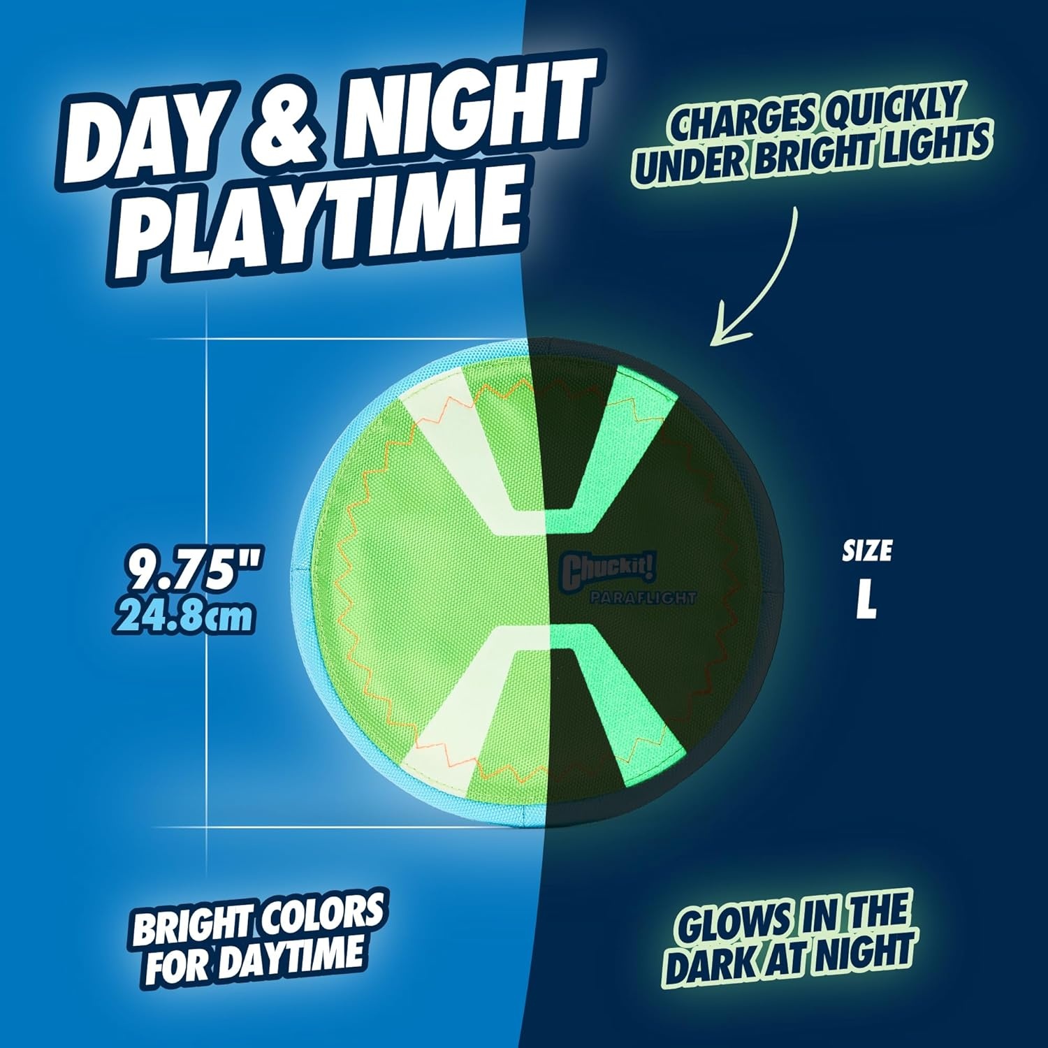 image:imageChuckit Max Glow Paraflight Flying Disc Dog Toy Water Floating Flyer Durable Nylon Construction with Soft Rubber Edges For Medium and Large Dogs Size Large 975 L x 975 W Pack of 1GreenMax Glow
