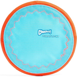 image:imageChuckit Max Glow Paraflight Flying Disc Dog Toy  Water Floating Flyer  Durable Nylon Construction with Soft Rubber Edges  For Medium and Large Dogs  Size Large  975 L x 975 W  Pack of 1BlueOrange