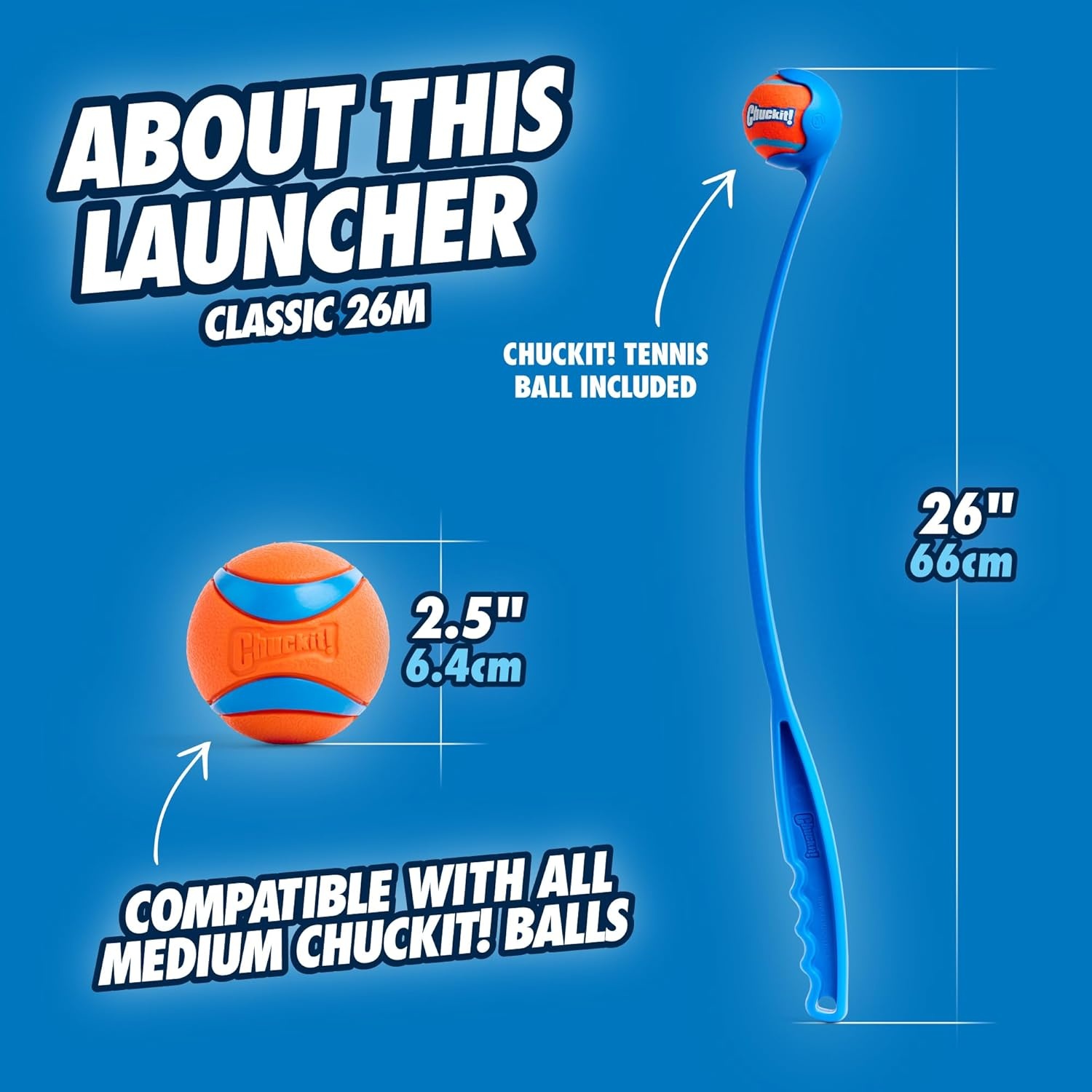 image:imageChuckit Classic 26M Dog Ball Launcher 26 Long Handle Compatible with Medium 25 Balls Pet Fetch Thrower Toys For Dogs 2060 Pounds Made in USA Comes with 1 Medium Ultra DogBallClassic 2pk Ball