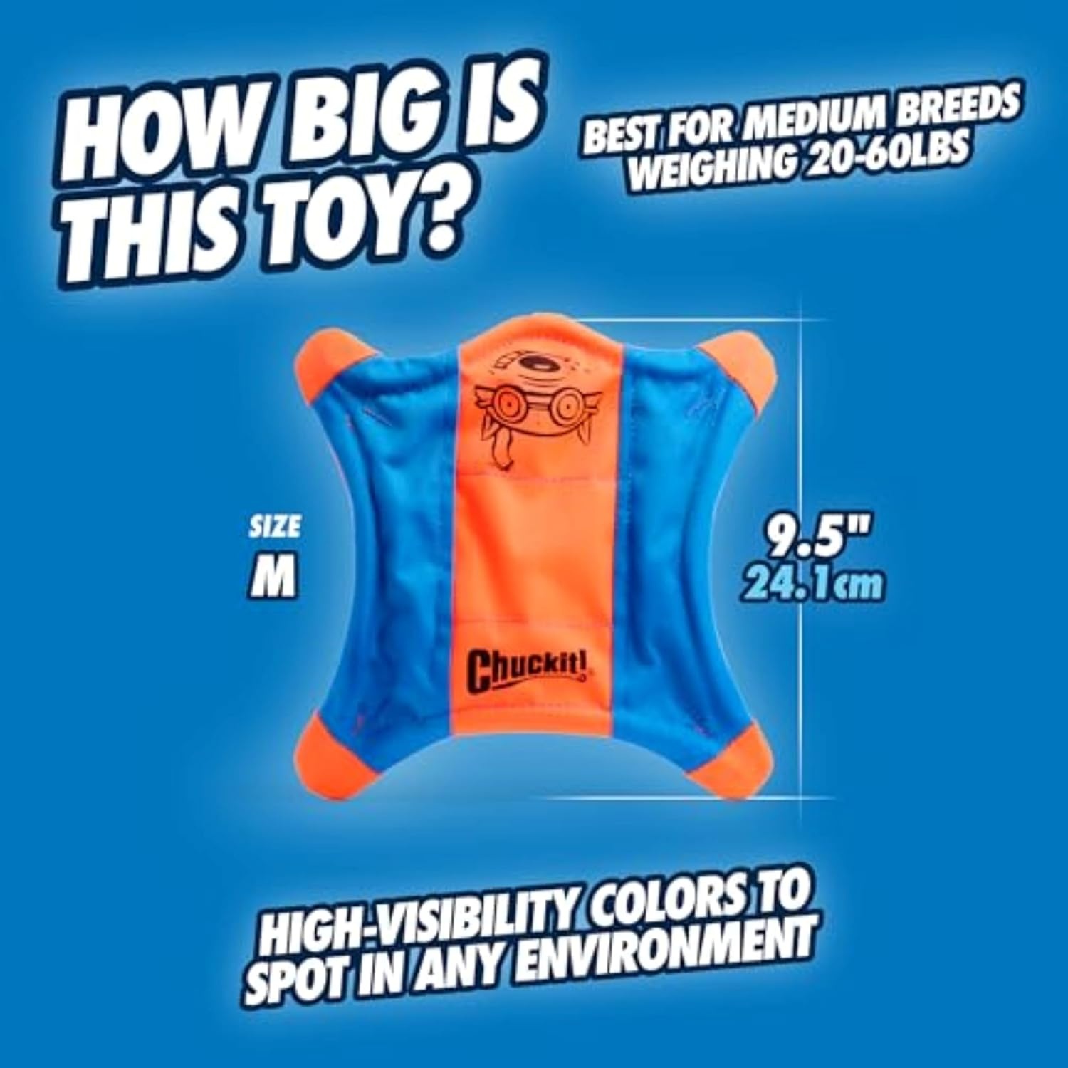 image:imageChuckit Flying Squirrel Fetch Dog Toy Water Floating Flyer Soft and Durable Polyester Canvas Construction For Medium Dogs Size Medium 95inch Diameter Pack of 1 Orange and BlueMedium