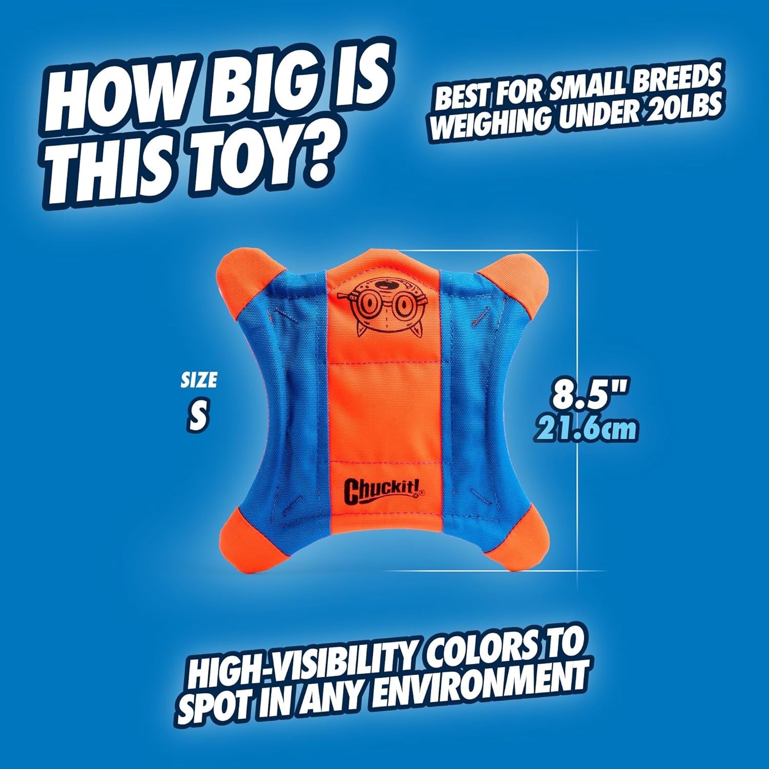 image:imageChuckit Flying Squirrel Fetch Dog Toy Water Floating Flyer Soft and Durable Polyester Canvas Construction For Medium Dogs Size Medium 95inch Diameter Pack of 1 Orange and BlueSmall