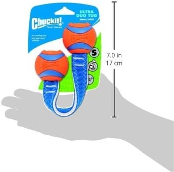 image:imageChuckit Ultra Tug Dog Toy Ultra Ball on a Durable Nylon Cord Handle Fetch and TugofWar Toy for Dogs Size Large For Breeds 60100 lbs 3inch Diameter Orange and BlueSmall