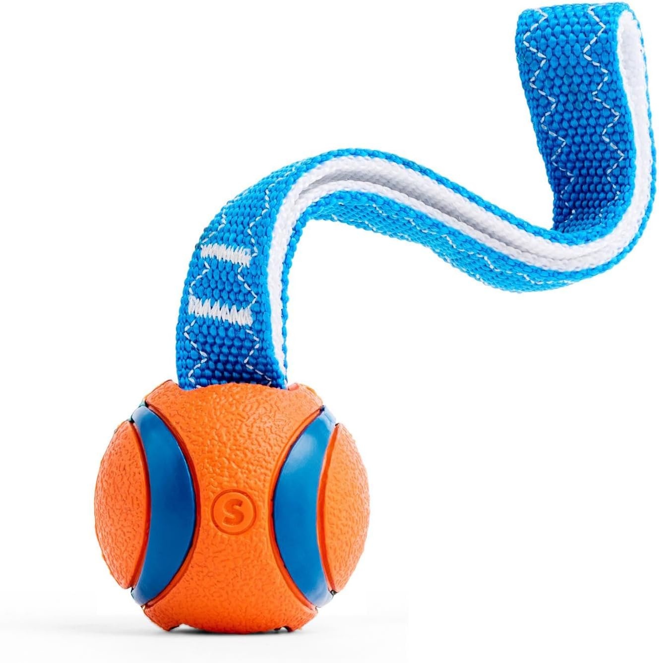 image:imageChuckit Ultra Tug Dog Toy Ultra Ball on a Durable Nylon Cord Handle Fetch and TugofWar Toy for Dogs Size Large For Breeds 60100 lbs 3inch Diameter Orange and BlueSmall