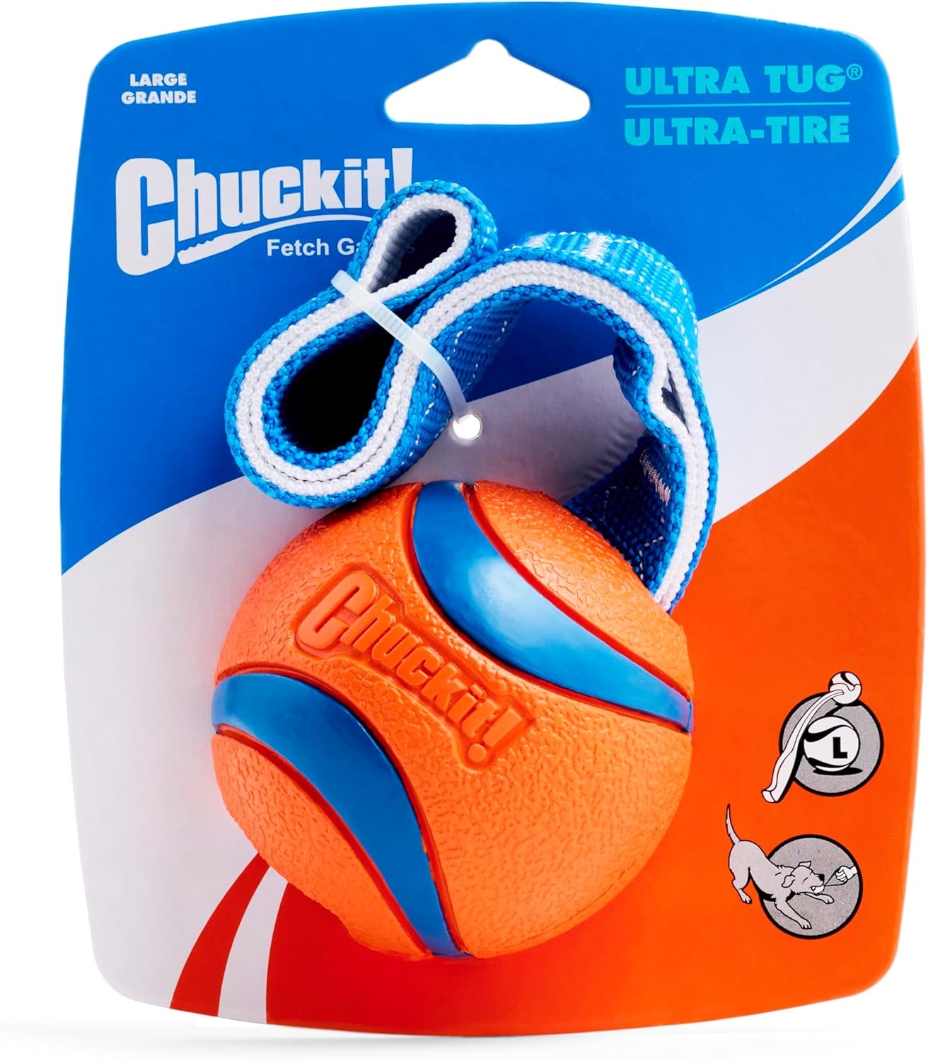 image:imageChuckit Ultra Tug Dog Toy Ultra Ball on a Durable Nylon Cord Handle Fetch and TugofWar Toy for Dogs Size Large For Breeds 60100 lbs 3inch Diameter Orange and BlueLarge