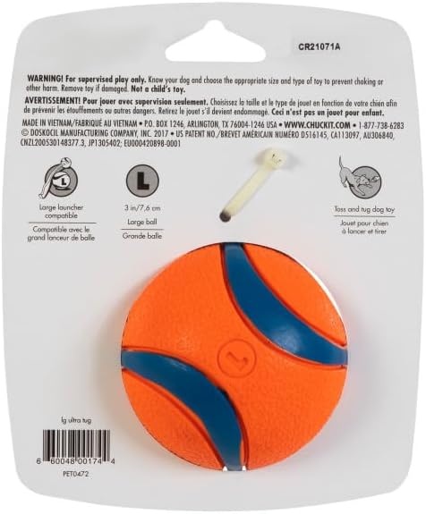 image:imageChuckit Ultra Tug Dog Toy Ultra Ball on a Durable Nylon Cord Handle Fetch and TugofWar Toy for Dogs Size Large For Breeds 60100 lbs 3inch Diameter Orange and BlueLarge Pack of 12