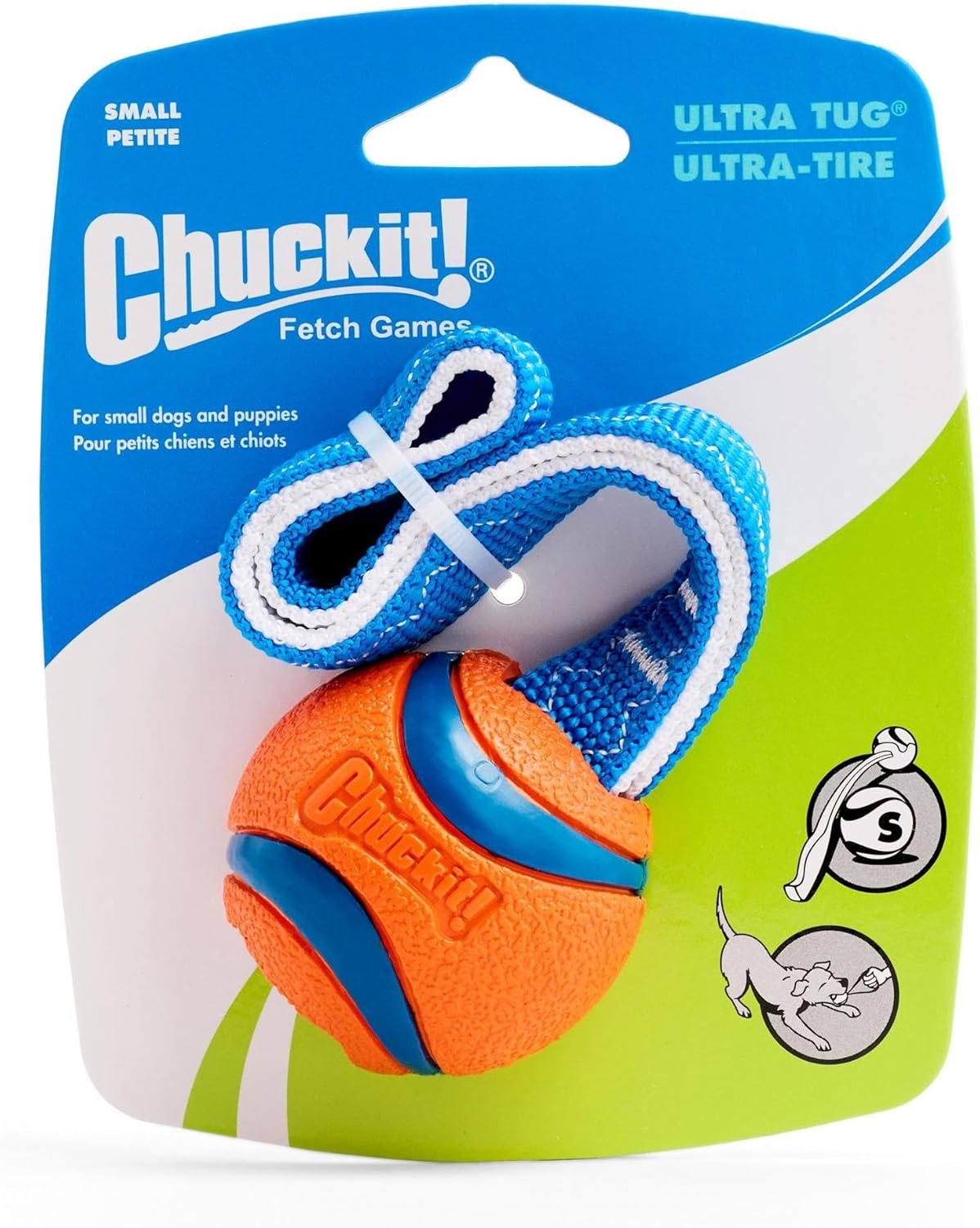 image:imageChuckit Ultra Tug Dog Toy Ultra Ball on a Durable Nylon Cord Handle Fetch and TugofWar Toy for Dogs Size Large For Breeds 60100 lbs 3inch Diameter Orange and BlueSmall