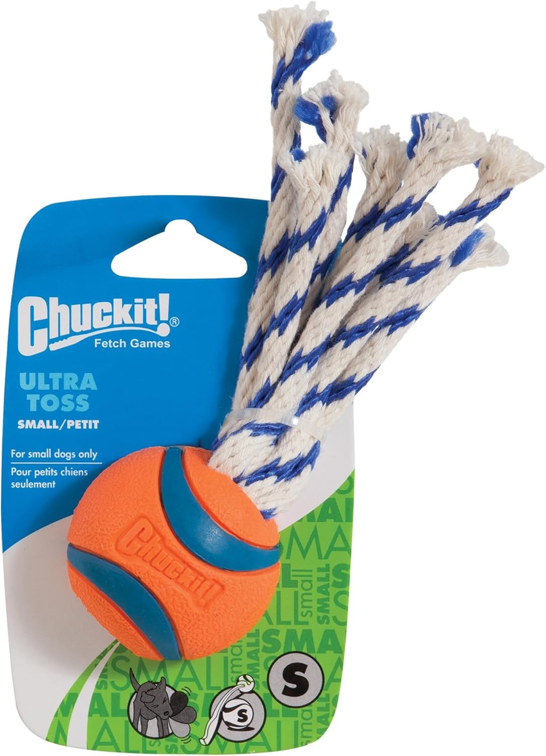 image:imageChuckit Ultra Tug Dog Toy Ultra Ball on a Durable Nylon Cord Handle Fetch and TugofWar Toy for Dogs Size Large For Breeds 60100 lbs 3inch Diameter Orange and BlueSmall