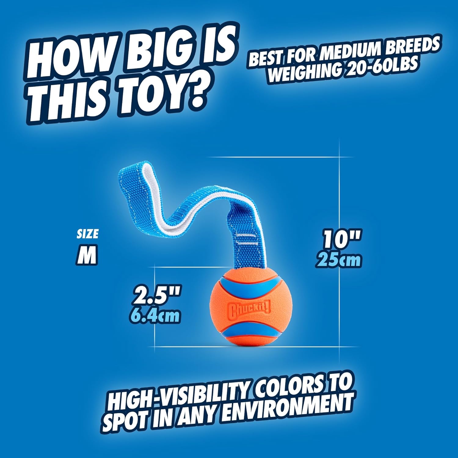 image:imageChuckit Ultra Tug Dog Toy Ultra Ball on a Durable Nylon Cord Handle Fetch and TugofWar Toy for Dogs Size Large For Breeds 60100 lbs 3inch Diameter Orange and BlueMedium