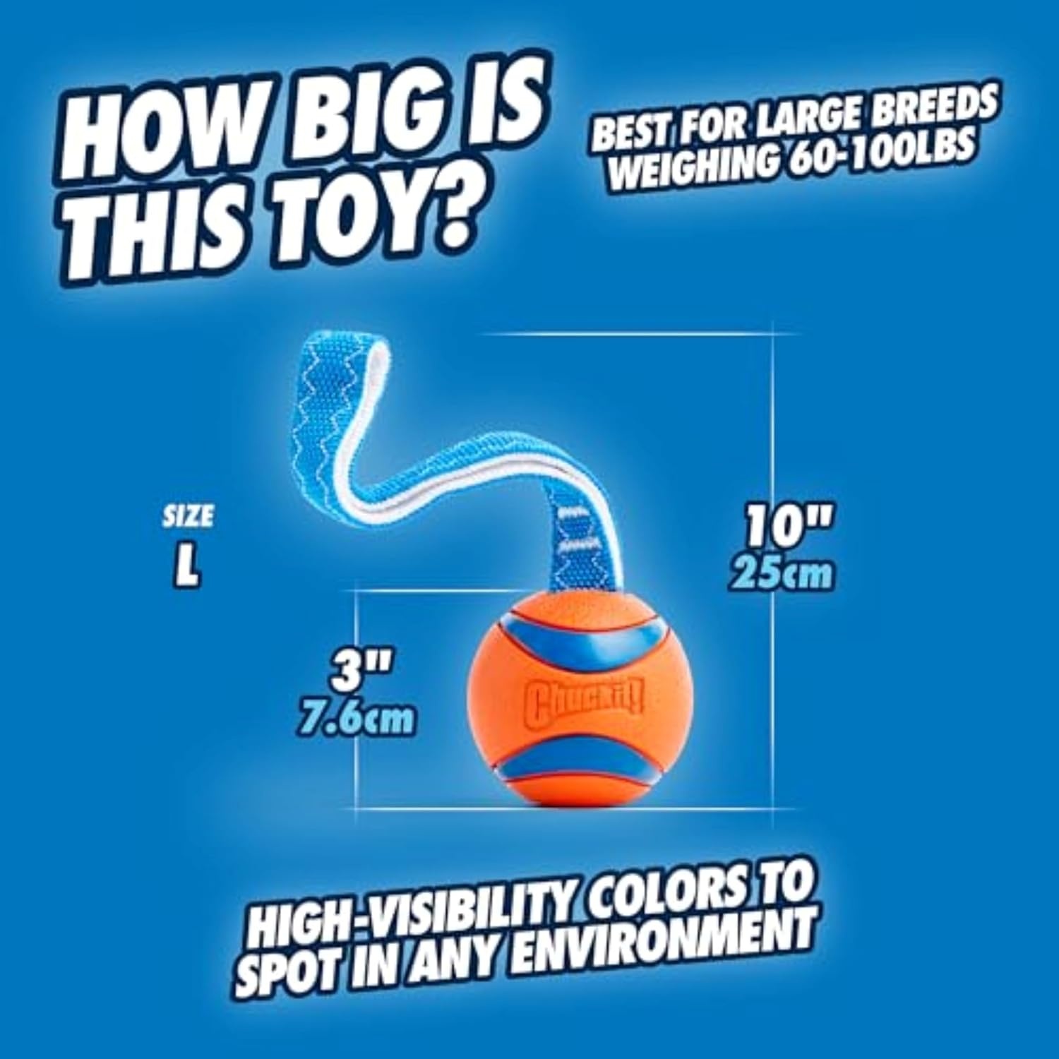 image:imageChuckit Ultra Tug Dog Toy Ultra Ball on a Durable Nylon Cord Handle Fetch and TugofWar Toy for Dogs Size Large For Breeds 60100 lbs 3inch Diameter Orange and BlueLarge