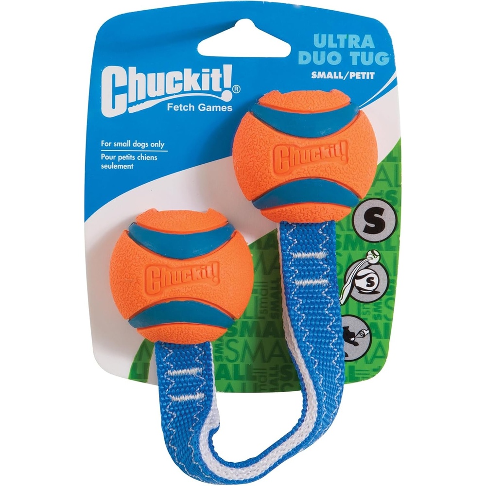 image:imageChuckit Ultra Tug Dog Toy Ultra Ball on a Durable Nylon Cord Handle Fetch and TugofWar Toy for Dogs Size Large For Breeds 60100 lbs 3inch Diameter Orange and BlueSmall