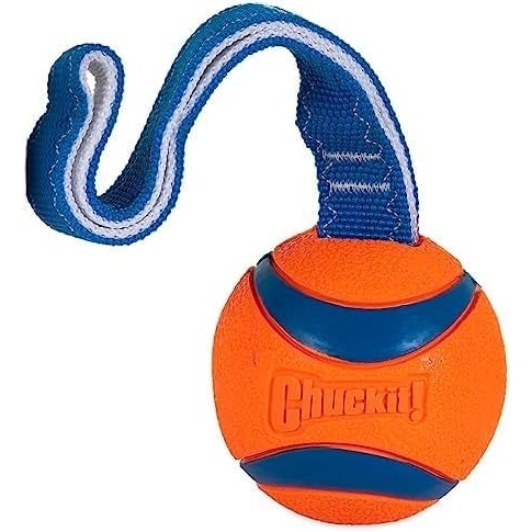 image:imageChuckit Ultra Tug Dog Toy Ultra Ball on a Durable Nylon Cord Handle Fetch and TugofWar Toy for Dogs Size Large For Breeds 60100 lbs 3inch Diameter Orange and BlueLarge Pack of 12