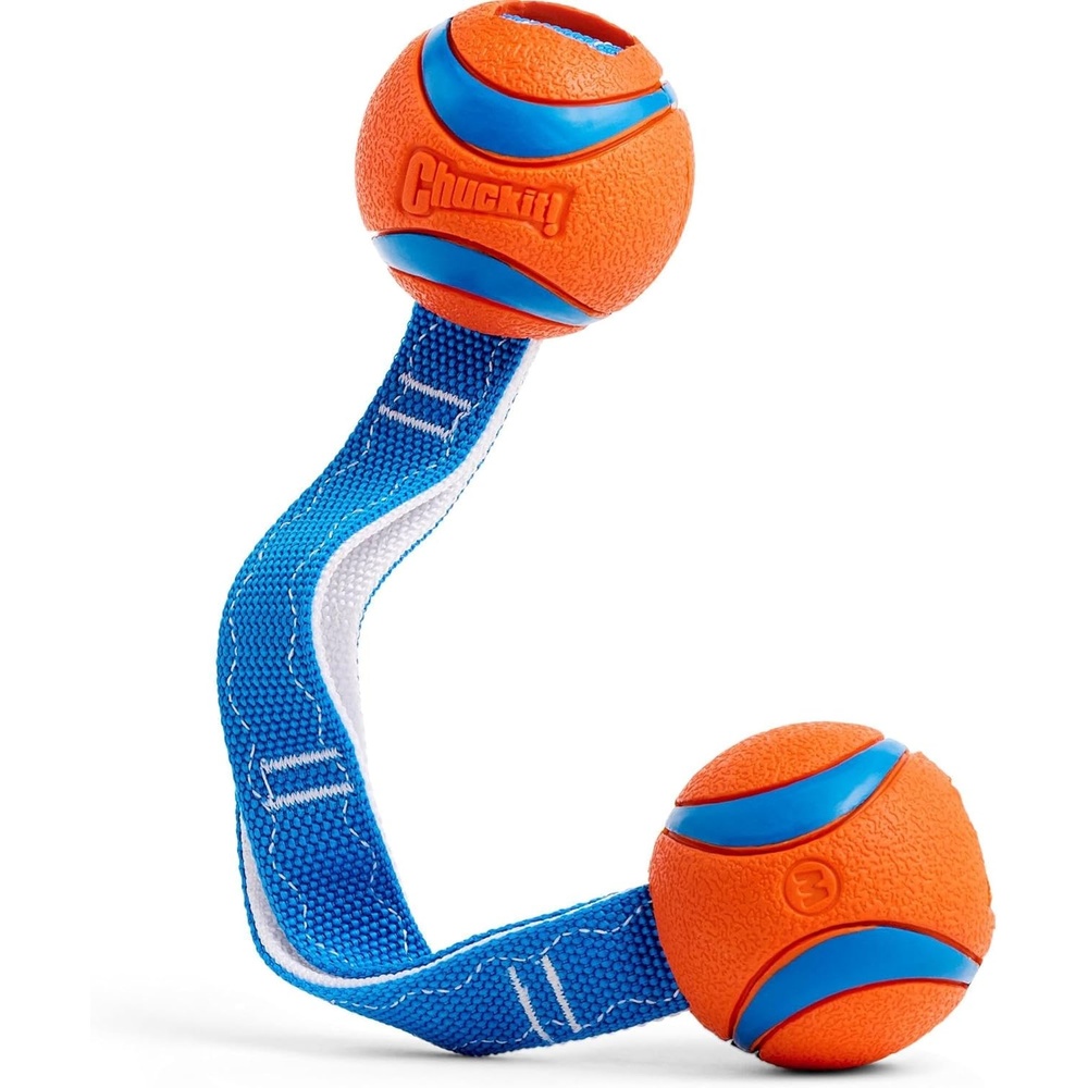 image:imageChuckit Ultra Tug Dog Toy Ultra Ball on a Durable Nylon Cord Handle Fetch and TugofWar Toy for Dogs Size Large For Breeds 60100 lbs 3inch Diameter Orange and BlueMedium