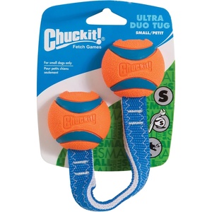 image:imageChuckit Ultra Tug Dog Toy  Ultra Ball on a Durable Nylon Cord Handle  Fetch and TugofWar Toy for Dogs  Size Large  For Breeds 60100 lbs  3inch Diameter  Orange and BlueSmall